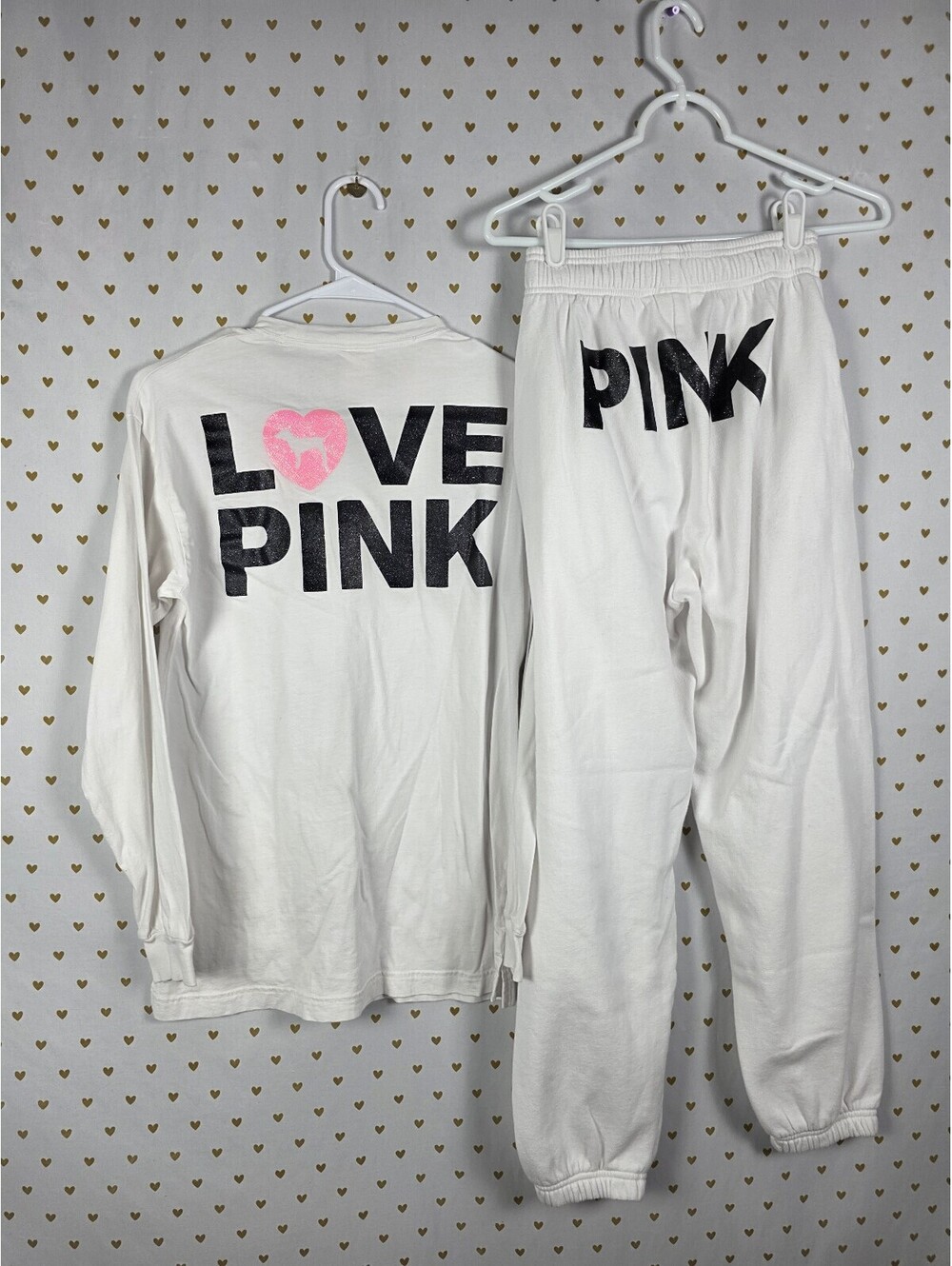 Victorias Secret PINK BLING GLITTER Campus Originals White Sweats TEE SHIRT SET